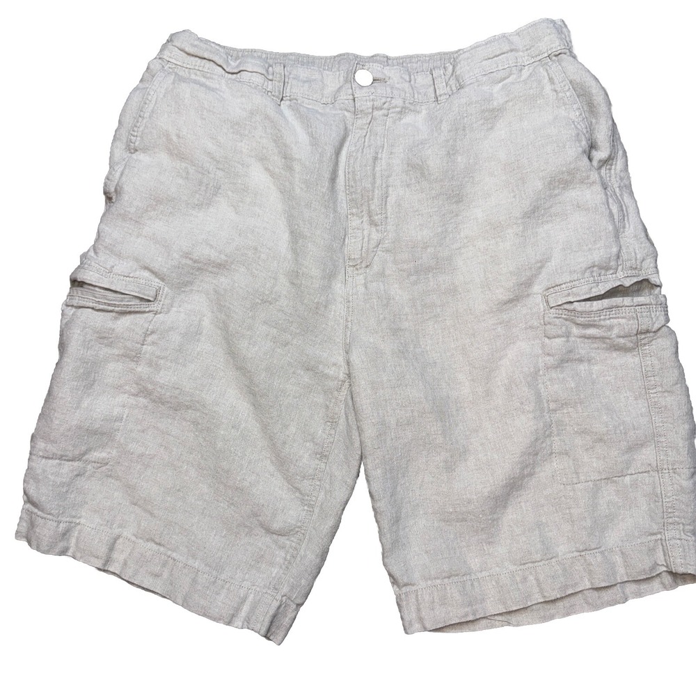Caribbean Cargo Shorts Men 38 Beige 100% Linen Elastic Waist Utility Summer